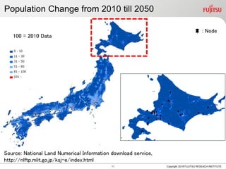 Population Change from 2010 till 2050
Copyright 2018 FUJITSU RESEACH INSTITUTE
Source: National Land Numerical Information download service,
http://nlftp.mlit.go.jp/ksj-e/index.html
100 = 2010 Data
11
: Node
 