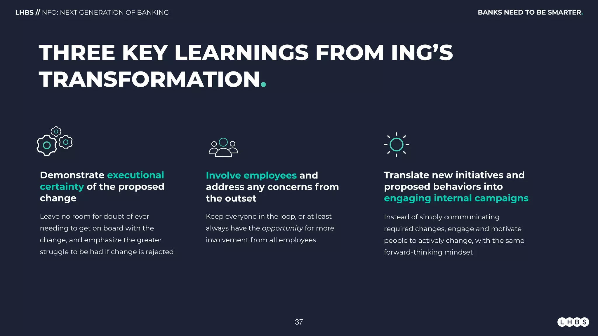 Demonstrate executional
certainty of the proposed
change
THREE KEY LEARNINGS FROM ING’S
TRANSFORMATION.
Translate new initiatives and
proposed behaviors into
engaging internal campaigns
BANKS NEED TO BE SMARTER.LHBS // NFO: NEXT GENERATION OF BANKING
Involve employees and
address any concerns from
the outset
Leave no room for doubt of ever
needing to get on board with the
change, and emphasize the greater
struggle to be had if change is rejected
Instead of simply communicating
required changes, engage and motivate
people to actively change, with the same
forward-thinking mindset
Keep everyone in the loop, or at least
always have the opportunity for more
involvement from all employees
!37
 