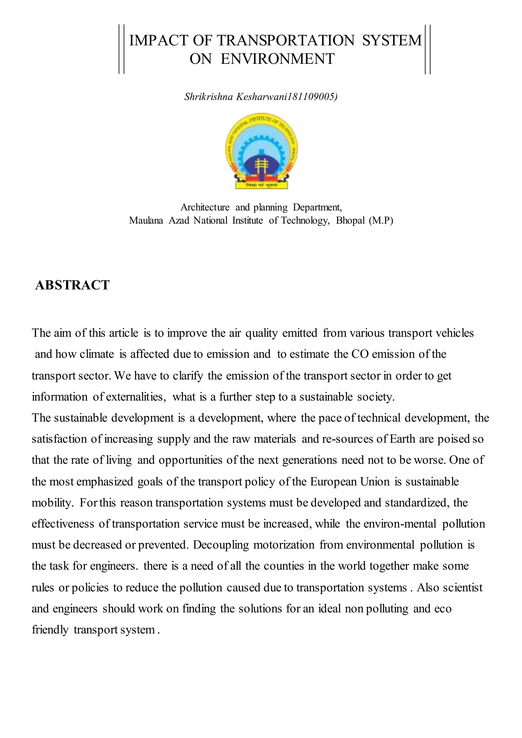 Impact of transportation system on environent | DOCX