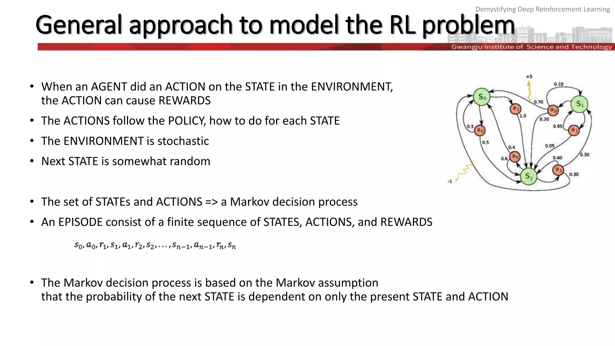 Demystifying Deep Reinforcement Learning
General approach to model the RL problem
• When an AGENT did an ACTION on the STATE in the ENVIRONMENT,
the ACTION can cause REWARDS
• The ACTIONS follow the POLICY, how to do for each STATE
• The ENVIRONMENT is stochastic
• Next STATE is somewhat random
• The set of STATEs and ACTIONS => a Markov decision process
• An EPISODE consist of a finite sequence of STATES, ACTIONS, and REWARDS
• The Markov decision process is based on the Markov assumption
that the probability of the next STATE is dependent on only the present STATE and ACTION
 