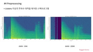 Kaggle Korea
#4 Preprocessing
AWM - 50M AWM - 200M
• 15000Hz 이상의 주파수 대역을 제거한 스펙트로그램
 