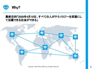 3Copyright © DIVE INTO CODE Corp. All Rights Reserved.
Why?
最終目的「2028年4月10日、すべての人がテクノロジーを武器にし
て活躍できる社会ができる」
 