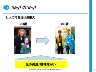 7Copyright © DIVE INTO CODE Corp. All Rights Reserved.
Why? の Why?
2. 人の可能性は無限大
兄の発達/精神障がい
２０歳 ３８歳
 