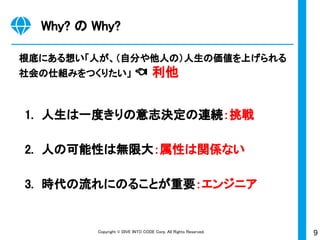 9Copyright © DIVE INTO CODE Corp. All Rights Reserved.
Why? の Why?
根底にある想い「人が、（自分や他人の）人生の価値を上げられる
社会の仕組みをつくりたい」 👈 利他
1. 人生は一度きりの意志決定の連続：挑戦
2. 人の可能性は無限大：属性は関係ない
3. 時代の流れにのることが重要：エンジニア
 