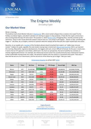 www.enigma-securities.io info@enigma-securities.io
DISCLAMER: The information contained in this note issued by Enigma Securities Limited is not intended to be advice nor a recommendation concerning cryptocurrency
investment nor an offer or solicitation to buy or sell any cryptocurrency or related financial instrument. While we provide this information in good faith it is not intended to
be relied upon by you and we accept no liability nor assume any responsibility for the consequences of any reliance that may be placed upon this note. Enigma Securities
Limited is an Appointed Representative of Makor Securities London Ltd which is authorized and regulated by the Financial Conduct Authority (625054).
7/8 Savile Row
London, W1S 3PE
U.K.
Tel: +44 207 290 5777
336 Rue Saint-Honoré
Paris, 75001
FRANCE
Tel: +33 1 42 33 02 05
Menachem Begin 11
Ramat Gan, 5268104
ISRAEL
Tel: +972 3 545 3777
14 November 2018
The Enigma Weekly
De-Coding Crypto
Our Market View
Winter is Coming…
The Goldman Sachs Stock Market Indicator is flashing red. Will a stock market collapse drive a rotation into crypto? As the
holiday countdown begins, and advent calendars are starting to appear in shop windows, it feels like the crypto community is
also counting down the days till some event. The question is: what? Binance CEO, Changpeng Zhao, recently summed up this
sentiment: "Even if I don’t know what will catalyse a bitcoin bull run, I am certain it will happen... Sooner or later, something will
trigger it." Like Zhao, we, at Enigma, continue to question what the catalyst will be that jolts the crypto market back into action.
Recently, on our weekly call, a member of the Coindesk advisory board remarked that crypto is an “oddly news-immune
market.” Indeed, this week, arguably, the only market-moving news is tomorrow’s Bitcoin Cash hard fork. BCH is up 3 percent
this morning. Meanwhile, regulatory developments, the biggest wild card, remain difficult to forecast. As the year is nearly over,
it seems that an ETF approval is more likely a 2019 event. Yet, from our perspective, the lack of volatility has not been an
entirely negative phenomenon. For example, the relative lack of price action has caused previously-wary institutional investors
to feel comfortable moving funds into crypto. The period of relative calm has acted as a convenient entry point. That said, it
does feel like we are at an intermission, and the second act of the show has yet to begin. Take your seats…
Performance Snapshot as of 9am GMT 14/11
Name Ticker Wk Close Wk Change YTD Change Record High Mkt Cap
Bitcoin BTC $6,369.080 -1.0% -54.9% $20,089.00 $110,460,270,504
Ethereum ETH $207.400 -5.3% -72.3% $1,432.88 $21,310,307,846
Ripple XRP $0.513 -4.0% -77.2% $3.84 $20,465,201,923
Bitcoin Cash BCH $526.680 -13.2% -79.2% $4,355.62 $9,082,004,891
Stellar XLM $0.254 -2.5% -29.5% $0.93 $4,814,597,207
EOS EOS $5.320 -7.2% -39.3% $22.89 $4,735,029,239
Litecoin LTC $50.050 -9.4% -78.2% $375.29 $2,959,227,927
Cardano ADA $0.073 -8.2% -89.5% $1.32 $1,895,371,097
Monero XMR $105.770 -6.2% -69.6% $495.84 $1,733,128,152
Tether USDT $0.971 -2.0% -3.9% $1.22 $1,677,339,136
TRON TRX $0.022 -8.4% -52.7% $0.30 $1,439,812,662
IOTA MIOTA $0.505 -0.6% -85.7% $5.96 $1,375,265,904
DASH DASH $161.910 -4.4% -84.6% $1,642.22 $1,353,104,518
Enigma Research
Lead Analyst: Aliya Itzkowitz
aitzkowitz@enigma-securities.io
 