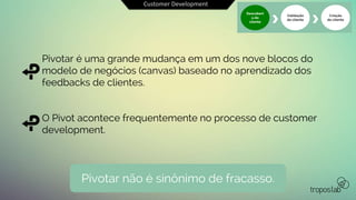 Customer Development
Pivotar é uma grande mudança em um dos nove blocos do
modelo de negócios (canvas) baseado no aprendizado dos
feedbacks de clientes.
O Pivot acontece frequentemente no processo de customer
development.
Pivotar não é sinônimo de fracasso.
Descobert
a do
cliente
Validação
do cliente
Criação
do cliente
 