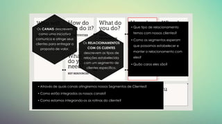 Os CANAIS descrevem
como uma iniciativa
comunica e atinge seus
clientes para entregar a
proposta de valor.
Os RELACIOINAMENTOS
COM OS CLIENTES
descrevem os tipos de
relações estabelecida
com um segmento de
clientes específico.
• Através de quais canais atingiremos nossos Segmentos de Clientes?
• Como estão integrados os nossos canais?
• Como estamos integrando-os as rotinas do cliente?
• Que tipo de relacionamento
temos com nossos clientes?
• Como os segmentos esperam
que possamos estabelecer e
manter o relacionamento com
eles?
• Quão caros eles são?
 