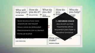 Os RECURSOS CHAVE
descrevem os mais
importantes ativos
requeridos para fazer a
iniciativa funcionar.
• Quais recursos-chave nossa
proposta de valor requer?
• Nossos canais de distribuição?
• Relacionamento com os clientes?
• Fontes de receita?
 