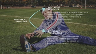 REDEFINA O
PROBLEMA
IDENTIFIQUE
AMBIENTES
IDENTIFIQUE
PERSONAGENS
Onde acontece a atividade, lugares a ver com a
atividade, cadeia produtiva, tudo que possa
contribuir ou interferir na forma como a
atividade principal acontece.
Usuário principal, usuário secundário,
especialistas, pessoas que exercem
influência na atividade ou possam ter
informações relevantes.
 
