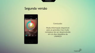 Segunda versão
Conclusão:
Muita informação disponivel
para as grávidas mas muito
complexo de ser desenvolvido
em 20 dias (deadline da
UNIMED)
Prototipar
 