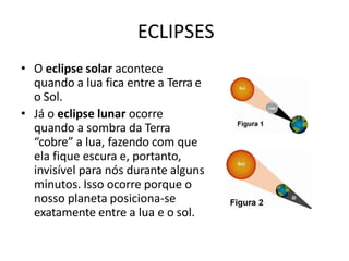 ECLIPSES
• O eclipse solar acontece
quando a lua fica entre a Terra e
o Sol.
• Já o eclipse lunar ocorre
quando a sombra da Terra
“cobre” a lua, fazendo com que
ela fique escura e, portanto,
invisível para nós durante alguns
minutos. Isso ocorre porque o
nosso planeta posiciona-se
exatamente entre a lua e o sol.
 