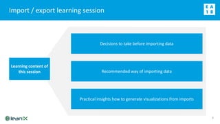 Import / export learning session
3
Decisions to take before importing data
Recommended way of importing data
Practical insights how to generate visualizations from imports
Learning content of
this session
 