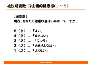 NPO法人CRファクトリー
被説明変数：③主観的健康感（1 ～ 5）
［回答票］
現在、あなたの健康状態はいかがですか。
５ （点） … 「よい」
４ （点） … 「まあよい」
３ （点） … 「ふつう」
２ （点） … 「あまりよくない」
１ （点） … 「よくない」
19
 