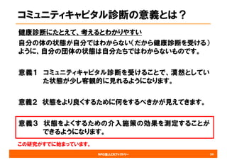 NPO法人CRファクトリー
コミュニティキャピタル診断の意義とは？
健康診断にたとえて、考えるとわかりやすい
自分の体の状態が自分ではわからない（だから健康診断を受ける）
ように、自分の団体の状態は自分たちではわからないものです。
意義１ コミュニティキャピタル診断を受けることで、漠然としてい
た状態が少し客観的に見れるようになります。
意義２ 状態をより良くするために何をするべきかが見えてきます。
意義３ 状態をよくするための介入施策の効果を測定することが
できるようになります。
34
この研究がすでに始まっています。
 