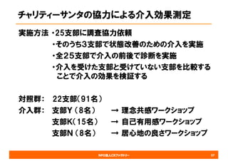 NPO法人CRファクトリー
チャリティーサンタの協力による介入効果測定
実施方法 ・25支部に調査協力依頼
・そのうち３支部で状態改善のための介入を実施
・全２５支部で介入の前後で診断を実施
・介入を受けた支部と受けていない支部を比較する
ことで介入の効果を検証する
対照群： 22支部（91名）
介入群： 支部Ｙ （8名） → 理念共感ワークショップ
支部Ｋ（15名） → 自己有用感ワークショップ
支部Ｎ （8名） → 居心地の良さワークショップ
37
 