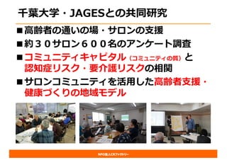 NPO法人CRファクトリー
千葉⼤学・JAGESとの共同研究
■⾼齢者の通いの場・サロンの⽀援
■約３０サロン６００名のアンケート調査
■コミュニティキャピタル（コミュニティの質）と
認知症リスク・要介護リスクの相関
■サロンコミュニティを活⽤した⾼齢者⽀援・
健康づくりの地域モデル
 