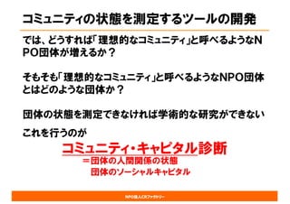 NPO法人CRファクトリー
コミュニティの状態を測定するツールの開発
では、どうすれば「理想的なコミュニティ」と呼べるようなＮ
ＰＯ団体が増えるか？
そもそも「理想的なコミュニティ」と呼べるようなＮＰＯ団体
とはどのような団体か？
団体の状態を測定できなければ学術的な研究ができない
これを行うのが
コミュニティ・キャピタル診断
＝団体の人間関係の状態
団体のソーシャルキャピタル
 