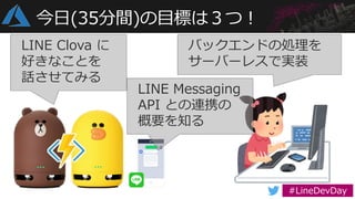 今日(35分間)の目標は３つ！
LINE Clova に
好きなことを
話させてみる
バックエンドの処理を
サーバーレスで実装
LINE Messaging
API との連携の
概要を知る
 