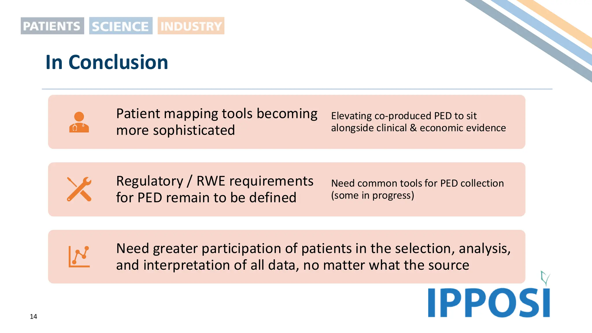 14
In Conclusion
Patient mapping tools becoming
more sophisticated
Elevating co-produced PED to sit
alongside clinical & economic evidence
Regulatory / RWE requirements
for PED remain to be defined
Need common tools for PED collection
(some in progress)
Need greater participation of patients in the selection, analysis,
and interpretation of all data, no matter what the source
 
