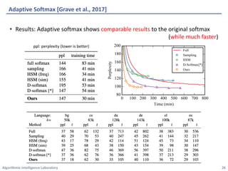 Algorithmic	Intelligence	Laboratory
Adaptive	Softmax	[Grave	et	al.,	2017]
• Results:	Adaptive	softmax	shows	comparable	results to	the	original	softmax	
(while	much	faster)
26
ppl:	perplexity	(lower	is	better)
 