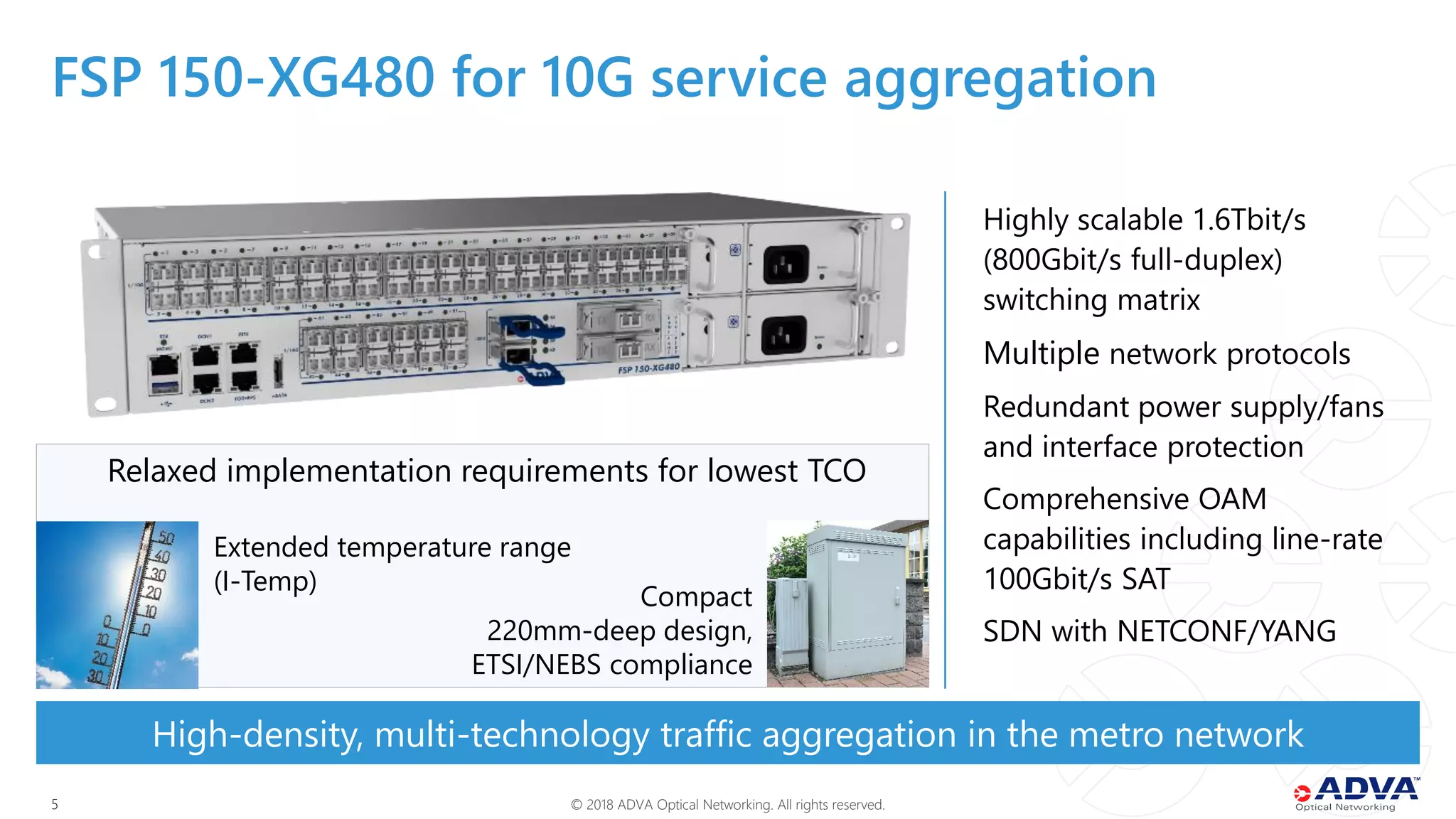 © 2018 ADVA Optical Networking. All rights reserved.55
Highly scalable 1.6Tbit/s
(800Gbit/s full-duplex)
switching matrix
Multiple network protocols
Redundant power supply/fans
and interface protection
Comprehensive OAM
capabilities including line-rate
100Gbit/s SAT
SDN with NETCONF/YANG
High-density, multi-technology traffic aggregation in the metro network
FSP 150-XG480 for 10G service aggregation
Extended temperature range
(I-Temp)
Compact
220mm-deep design,
ETSI/NEBS compliance
Relaxed implementation requirements for lowest TCO
 