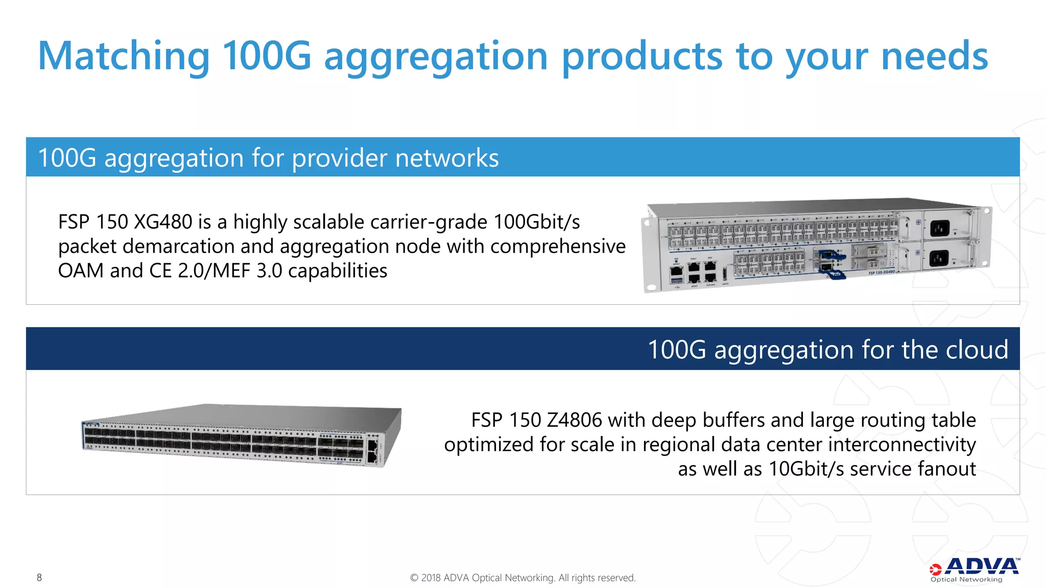 © 2018 ADVA Optical Networking. All rights reserved.88
100G aggregation for provider networks
100G aggregation for the cloud
Matching 100G aggregation products to your needs
FSP 150 XG480 is a highly scalable carrier-grade 100Gbit/s
packet demarcation and aggregation node with comprehensive
OAM and CE 2.0/MEF 3.0 capabilities
FSP 150 Z4806 with deep buffers and large routing table
optimized for scale in regional data center interconnectivity
as well as 10Gbit/s service fanout
 