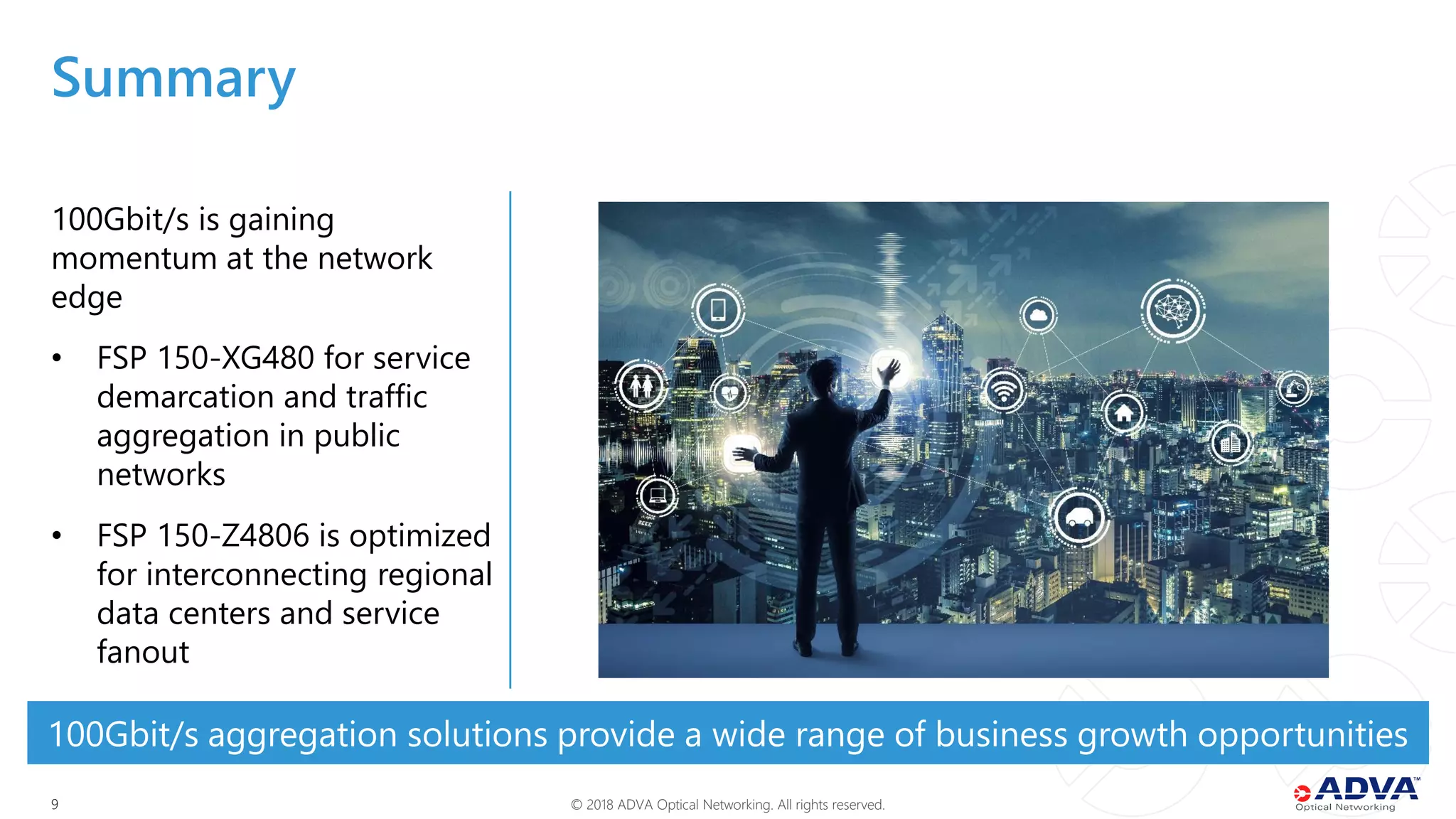 © 2018 ADVA Optical Networking. All rights reserved.99
100Gbit/s is gaining
momentum at the network
edge
• FSP 150-XG480 for service
demarcation and traffic
aggregation in public
networks
• FSP 150-Z4806 is optimized
for interconnecting regional
data centers and service
fanout
100Gbit/s aggregation solutions provide a wide range of business growth opportunities
Summary
 