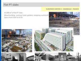 Flat PT slabs
45 000 m² of flat PT slabs
Mixed building : parking, hotel, gardens, shopping mall & offices
Spans from 6.0m to 8.5m
EUROMED CENTER II – MARSEILLE - FRANCE
 