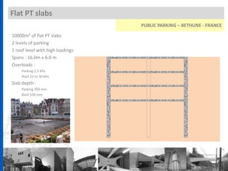 Flat PT slabs
10000m² of flat PT slabs
2 levels of parking
1 roof level with high loadings
Spans : 16.0m x 6.0 m
Overloads :
Parking 2.5 kPa
Roof 25 to 30 kPa
Slab depth :
Parking 350 mm
Roof 550 mm
PUBLIC PARKING – BETHUNE - FRANCE
 
