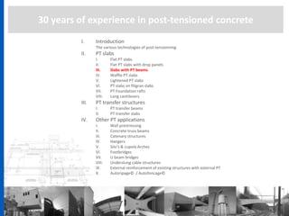 30 years of experience in post-tensioned concrete
I. Introduction
The various technologies of post-tensionning
II. PT slabs
I. Flat PT slabs
II. Flat PT slabs with drop panels
III. Slabs with PT beams
IV. Waffle PT slabs
V. Lightened PT slabs
VI. PT slabs on filigran slabs
VII. PT Foundation rafts
VIII. Long cantilevers
III. PT transfer structures
I. PT transfer beams
II. PT transfer slabs
IV. Other PT applications
I. Wall prestressing
II. Concrete truss beams
III. Catenary structures
IV. Hangers
V. Silo’s & cupola Arches
VI. Footbridges
VII. U beam bridges
VIII. Underslung cable structures
IX. External reinforcement of existing structures with external PT
X. Autoripage© / Autofoncage©
 