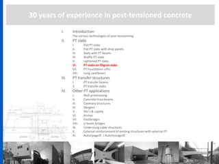 30 years of experience in post-tensioned concrete
I. Introduction
The various technologies of post-tensionning
II. PT slabs
I. Flat PT slabs
II. Flat PT slabs with drop panels
III. Slabs with PT beams
IV. Waffle PT slabs
V. Lightened PT slabs
VI. PT slabs on filigran slabs
VII. PT Foundation rafts
VIII. Long cantilevers
III. PT transfer structures
I. PT transfer beams
II. PT transfer slabs
IV. Other PT applications
I. Wall prestressing
II. Concrete truss beams
III. Catenary structures
IV. Hangers
V. Silo’s & cupola
VI. Arches
VII. Footbridges
VIII. U beam bridges
IX. Underslung cable structures
X. External reinforcement of existing structures with external PT
XI. Autoripage© / Autofoncage©
 