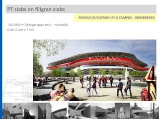 PT slabs on filigran slabs
PARKING EUROSTADIUM & CAMPUS - GRIMBREGEN
300 000 m² (design stage only – not build)
Grid 15.4m x 7.5m
 