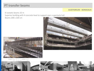 PT transfer beams
AUDITORIUM - BORDEAUX
8 isostatic beams 32 m
Superior building with 4 concrete level to support over a spectacle hall
Beams 200 x 220 cm
 