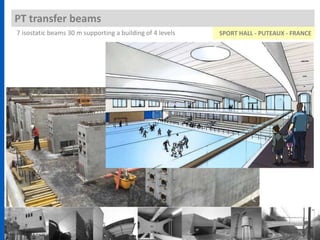 PT transfer beams
SPORT HALL - PUTEAUX - FRANCE7 isostatic beams 30 m supporting a building of 4 levels
 