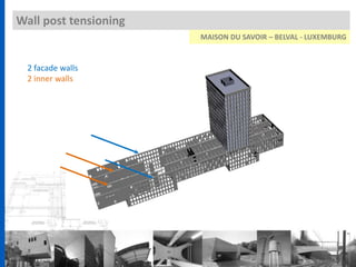 Wall post tensioning
MAISON DU SAVOIR – BELVAL - LUXEMBURG
2 facade walls
2 inner walls
 