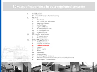 30 years of experience in post-tensioned concrete
I. Introduction
The various technologies of post-tensionning
II. PT slabs
I. Flat PT slabs
II. Flat PT slabs with drop panels
III. Slabs with PT beams
IV. Waffle PT slabs
V. Lightened PT slabs
VI. PT slabs on filigran slabs
VII. PT Foundation rafts
VIII. Long cantilevers
III. PT transfer structures
I. PT transfer beams
II. PT transfer slabs
IV. Other PT applications
I. Wall prestressing
II. Concrete truss beams
III. Catenary structures
IV. Hangers
V. Silo’s & cupola
VI. Arches
VII. Footbridges
VIII. U beam bridges
IX. Underslung cable structures
X. External reinforcement of existing structures with external PT
XI. Autoripage© / Autofoncage©
 