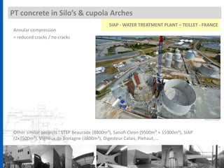 Annular compression
= reduced cracks / no cracks
PT concrete in Silo’s & cupola Arches
SIAP - WATER TREATMENT PLANT – TEILLET - FRANCE
Other similar projects : STEP Beaurade (8800m³), Sanofi Cleon (9500m³ + 15900m³), SIAP
(2x7500m³), Vigneux de Bretagne (3800m³), Digesteur Calais, Plehaut, …
 