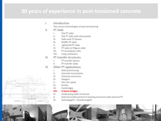 30 years of experience in post-tensioned concrete
I. Introduction
The various technologies of post-tensionning
II. PT slabs
I. Flat PT slabs
II. Flat PT slabs with drop panels
III. Slabs with PT beams
IV. Waffle PT slabs
V. Lightened PT slabs
VI. PT slabs on filigran slabs
VII. PT Foundation rafts
VIII. Long cantilevers
III. PT transfer structures
I. PT transfer beams
II. PT transfer slabs
IV. Other PT applications
I. Wall prestressing
II. Concrete truss beams
III. Catenary structures
IV. Hangers
V. Silo’s & cupola
VI. Arches
VII. Footbridges
VIII. U beam bridges
IX. Underslung cable structures
X. External reinforcement of existing structures with external PT
XI. Autoripage© / Autofoncage©
 