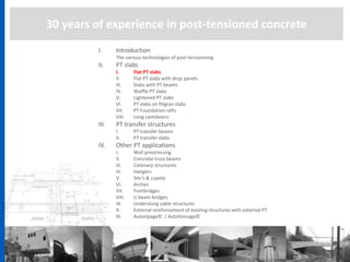 30 years of experience in post-tensioned concrete
I. Introduction
The various technologies of post-tensionning
II. PT slabs
I. Flat PT slabs
II. Flat PT slabs with drop panels
III. Slabs with PT beams
IV. Waffle PT slabs
V. Lightened PT slabs
VI. PT slabs on filigran slabs
VII. PT Foundation rafts
VIII. Long cantilevers
III. PT transfer structures
I. PT transfer beams
II. PT transfer slabs
IV. Other PT applications
I. Wall prestressing
II. Concrete truss beams
III. Catenary structures
IV. Hangers
V. Silo’s & cupola
VI. Arches
VII. Footbridges
VIII. U beam bridges
IX. Underslung cable structures
X. External reinforcement of existing structures with external PT
XI. Autoripage© / Autofoncage©
 
