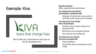 Exemple: Kiva
Marché existant:
ONG, organisms de bienfaisance
1er niveaux de non-clients:
participation conditionnelle
Donateurs frustrés de ne pas avoir le
contrôle ou de ne pas voir le résultat
2e niveaux de non-clients:
refus de participer
Sentiment qu’un petit montant ne
peut pas aider
Recherche une connexion directe
Pas convaincu de l’efficacité
3e niveau de non-clients:
inconnus (unexplored)
Trop compliqué
Pas familié avec le concept de micro-
crédit
©2018 Davender Gupta. Tous droits réservés 14
Micro-prêts pour entrepreneurs dans pays en
voie de développement
 