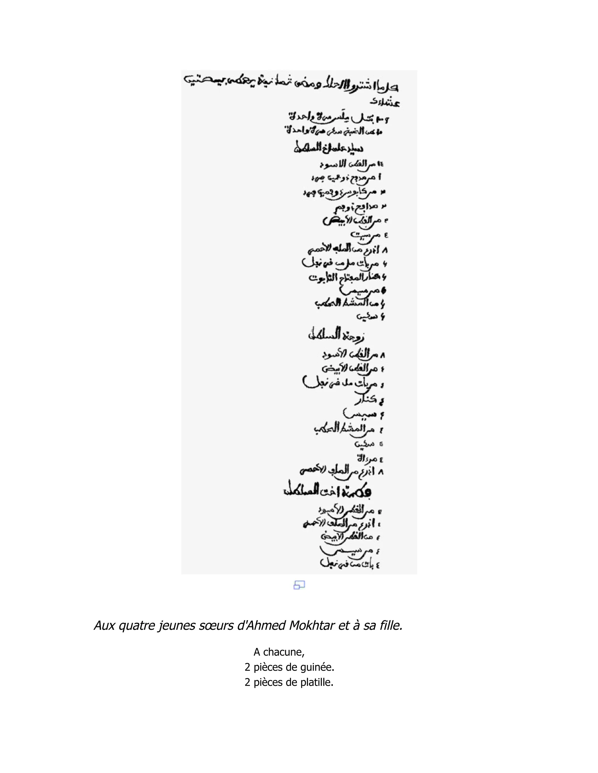 Aux quatre jeunes sœurs d'Ahmed Mokhtar et à sa fille.
A chacune,
2 pièces de guinée.
2 pièces de platille.
 