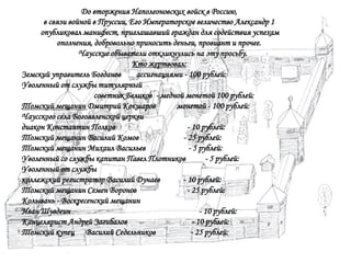 До вторжения Наполеоновских войск в Россию,
      в связи войной в Пруссии, Его Императорское величество Александр 1
     опубликовал манифест, приглашавший граждан для содействия успехам
          ополчения, добровольно приносить деньги, провиант и прочее.
                 Чаусские обыватели откликнулись на эту просьбу.
                                 Кто жертвовал:
Земский управитель Богданов       ассигнациями - 100 рублей:
Уволенный от службы титулярный
                     советник Беликов - медной монетой 100 рублей:
Томский мещанин Дмитрий Кокшаров             монетой - 100 рублей:
Чаусского села Богоявленской церкви
диакон Константин Полков                         - 10 рублей:
Томский мещанин Василий Комов                  - 25 рублей:
Томский мещанин Михаил Васильев                  - 5 рублей:
Уволенный со службы капитан Павел Плотников             - 5 рублей:
Уволенный от службы
коллежский регистратор Василий Дунаев         - 10 рублей:
Томский мещанин Семен Воронов                    - 25 рублей:
Колывань - Воскресенский мещанин
Иван Шувдеин                                          - 10 рублей:
Канцелярист Андрей Загибалов                       - 10 рублей:
Томский купец Василий Седельников                  - 25 рублей:
 