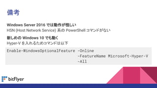 備考
Windows Server 2016 では動作が怪しい
HSN (Host Network Service) 系の PowerShell コマンドがない
新しめの Windows 10 でも動く
Hyper-V を入れるためコマンドは以下
Enable-WindowsOptionalFeature -Online
-FeatureName Microsoft-Hyper-V
-All
 