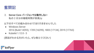 奮闘記
2. Server Core バージョンでは動作しない
私の 2 日分の睡眠時間が蒸発(ry
以下のすべての組み合わせでうまく行きませんでした
● Windows Server
2016 (Build 14393), 1709 (16299), 1803 (17134), 2019 (17763)
● Kubelet 1.12.0 - 3
(原因がわかる方がいたら、ぜひ教えてください)
 
