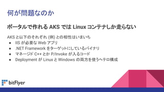 何が問題なのか
ポータルで作れる AKS では Linux コンテナしか走らない
AKS と以下のそれぞれ (例) との相性はいまいち
● IIS が必要な Web アプリ
● .NET Framework をターゲットにしているバイナリ
● マネージド C++ とか P/Invoke が入るコード
● Deployment が Linux と Windows の両方を使うヘテロ構成
 