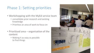 Phase 1: Setting priorities
• Workshopping with the MyEd service team
• consolidate prior research and existing
knowledge
• Prioritise an area of work to focus on
• Prioritised area – organisation of the
content
• Making it as easy as possible
to find things
 