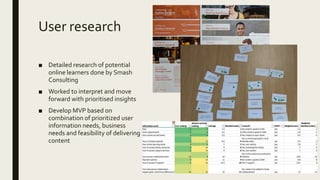User research
■ Detailed research of potential
online learners done by Smash
Consulting
■ Worked to interpret and move
forward with prioritised insights
■ Develop MVP based on
combination of prioritized user
information needs, business
needs and feasibility of delivering
content
 