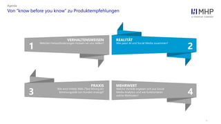 l
Von “know before you know” zu Produktempfehlungen
Agenda
43
21
Welche Vorteile ergeben sich aus Social
Media Analytics und wie funktionieren
solche Methoden?
MEHRWERT
Wie wird mittels Web-/Text Mining ein
Stimmungsbild von Kunden erzeugt?
PRAXIS
Wie passt AI und Social Media zusammen?
REALITÄT
Welchen Herausforderungen müssen wir uns stellen?
VERHALTENSWEISEN
 