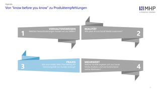 l
Von “know before you know” zu Produktempfehlungen
Agenda
43
21
Welche Vorteile ergeben sich aus Social
Media Analytics und wie funktionieren
solche Methoden?
MEHRWERT
Wie wird mittels Web-/Text Mining ein
Stimmungsbild von Kunden erzeugt?
PRAXIS
Wie passt AI und Social Media zusammen?
REALITÄT
Welchen Herausforderungen müssen wir uns stellen?
VERHALTENSWEISEN
 