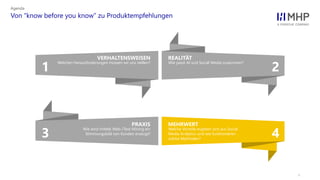 l
Von “know before you know” zu Produktempfehlungen
Agenda
43
21
Welche Vorteile ergeben sich aus Social
Media Analytics und wie funktionieren
solche Methoden?
MEHRWERT
Wie wird mittels Web-/Text Mining ein
Stimmungsbild von Kunden erzeugt?
PRAXIS
Wie passt AI und Social Media zusammen?
REALITÄT
Welchen Herausforderungen müssen wir uns stellen?
VERHALTENSWEISEN
 